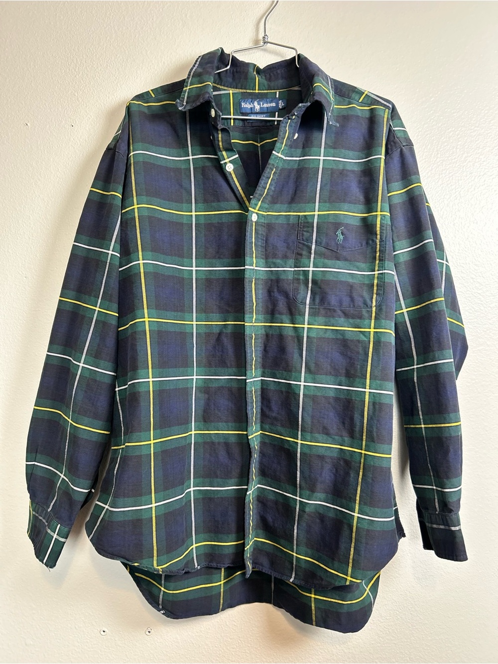 Ralph Lauren Men’s Green & Navy Plaid Button-Down Shirt Cotton Size Large